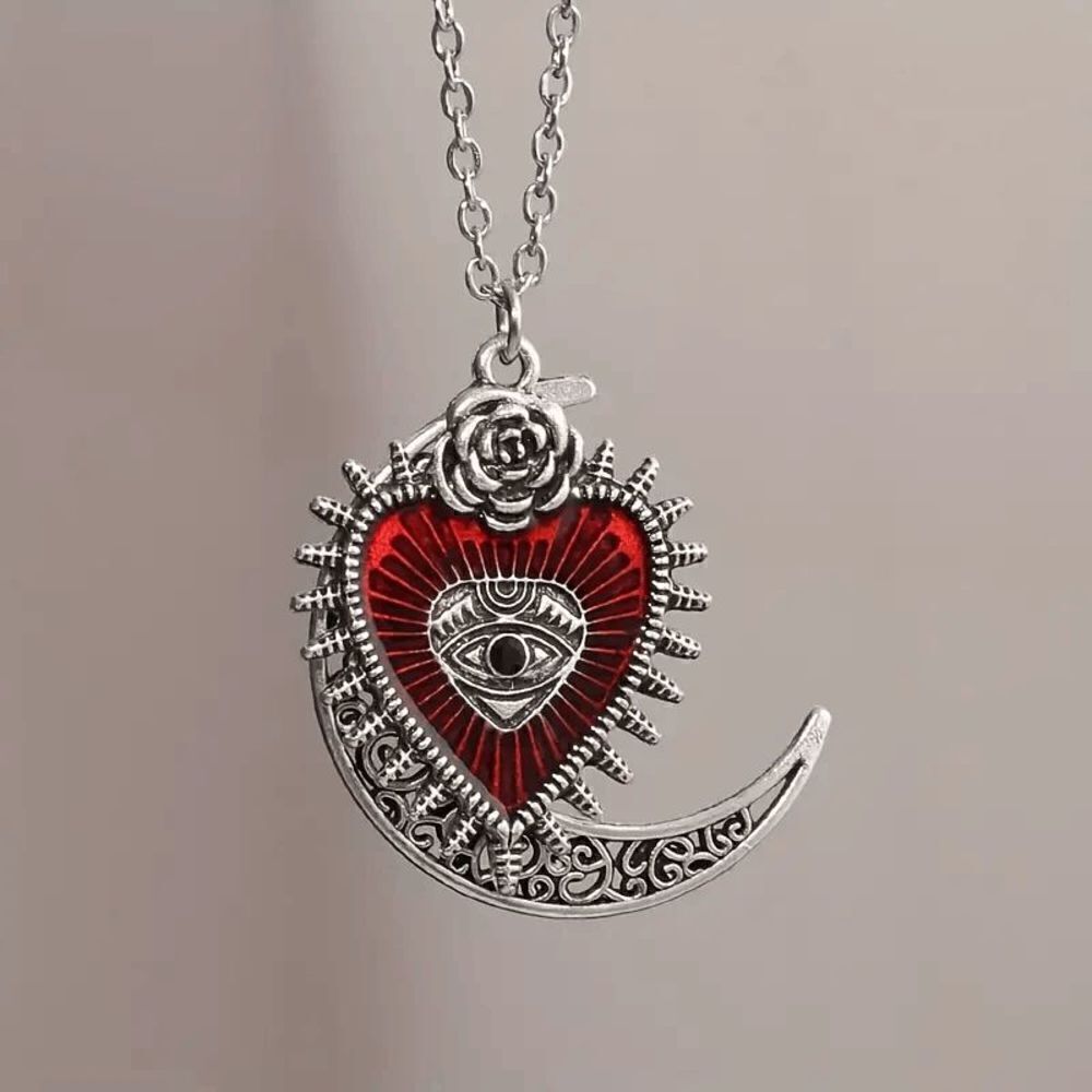 Silver Crescent Moon Red Heart Evil Eye Rose Pendant Necklace